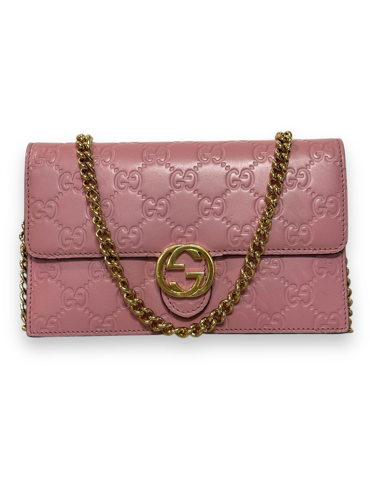 Gucci Pink GG Sima Leather Interlock Wallet on Chain with Gold Hardware