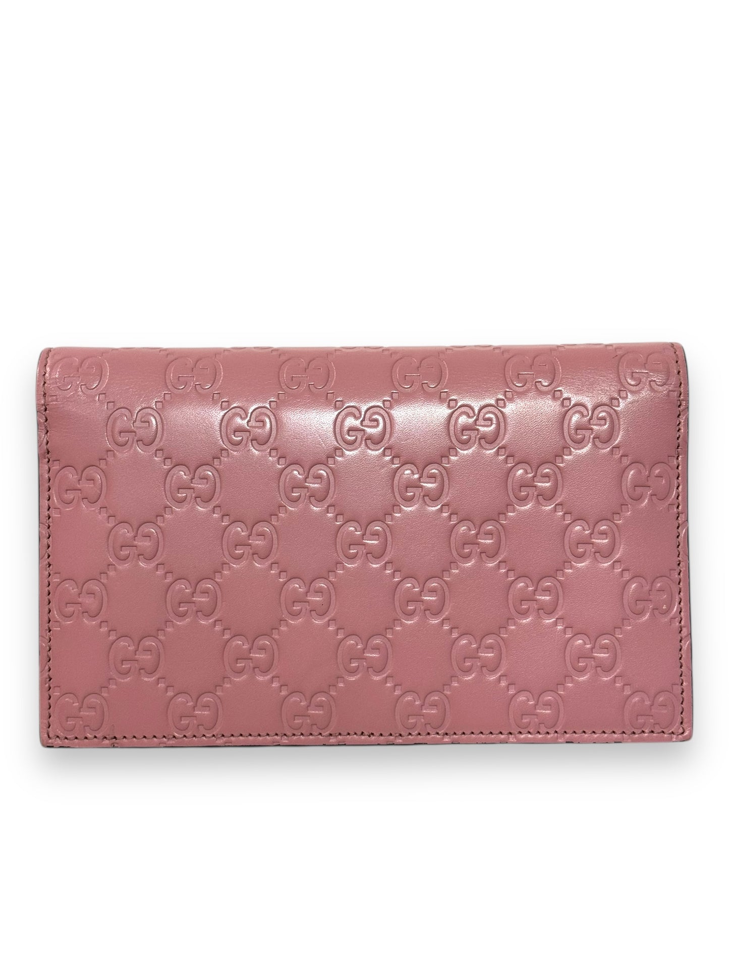 Gucci Pink GG Sima Leather Interlock Wallet on Chain with Gold Hardware