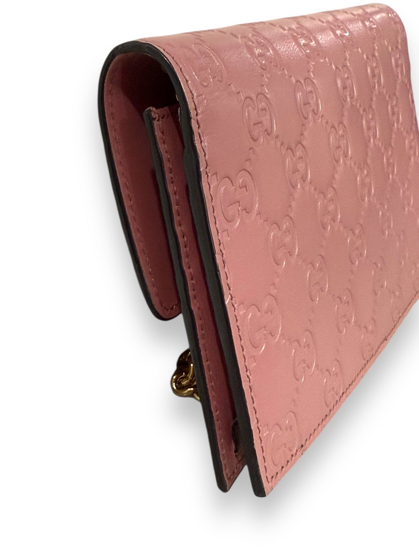 Gucci Pink GG Sima Leather Interlock Wallet on Chain with Gold Hardware