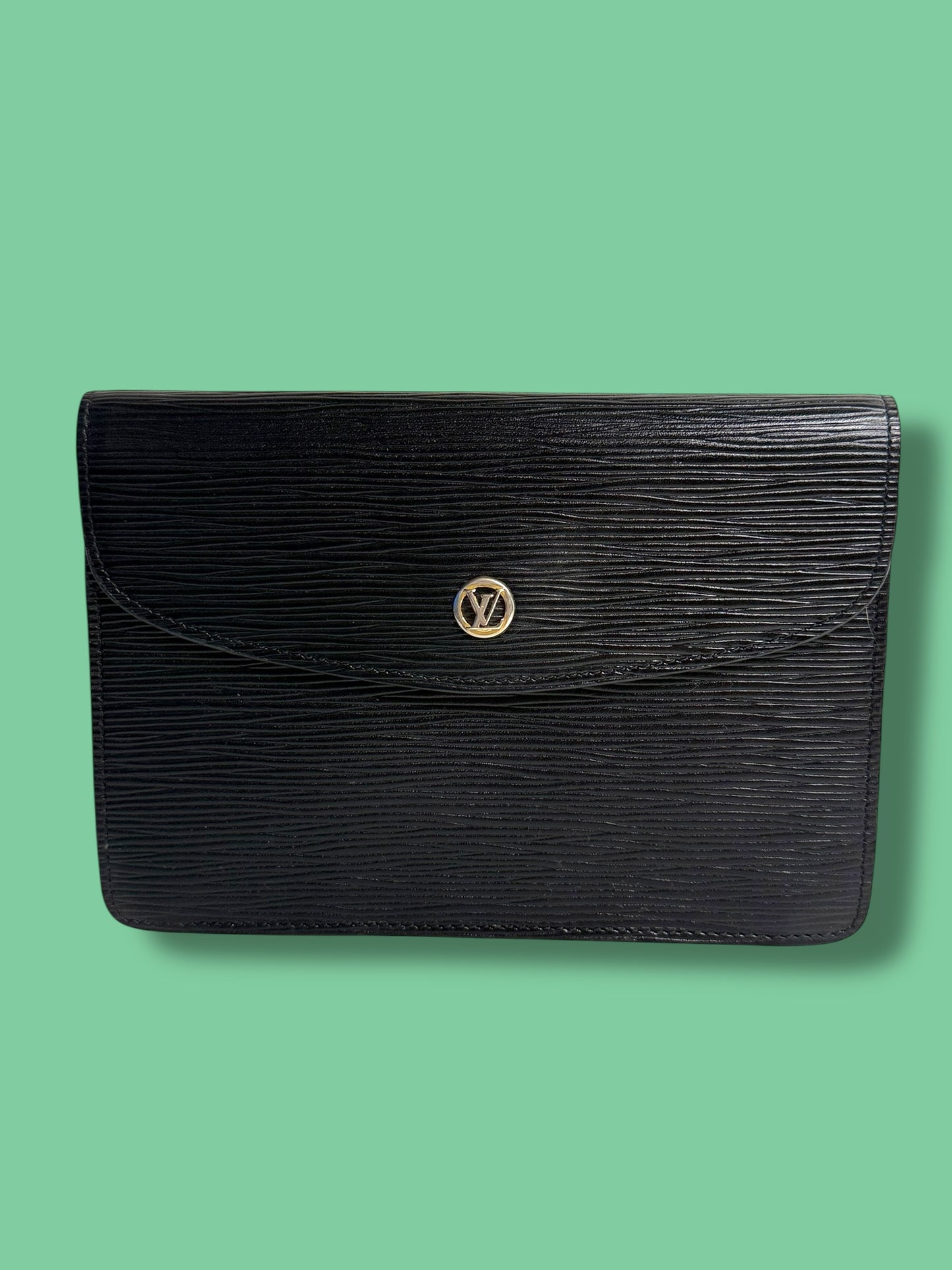 B55 LOUIS VUITTON 1987 Black Epi Leather Montaigne 20 Clutch 872 VI No Peelings