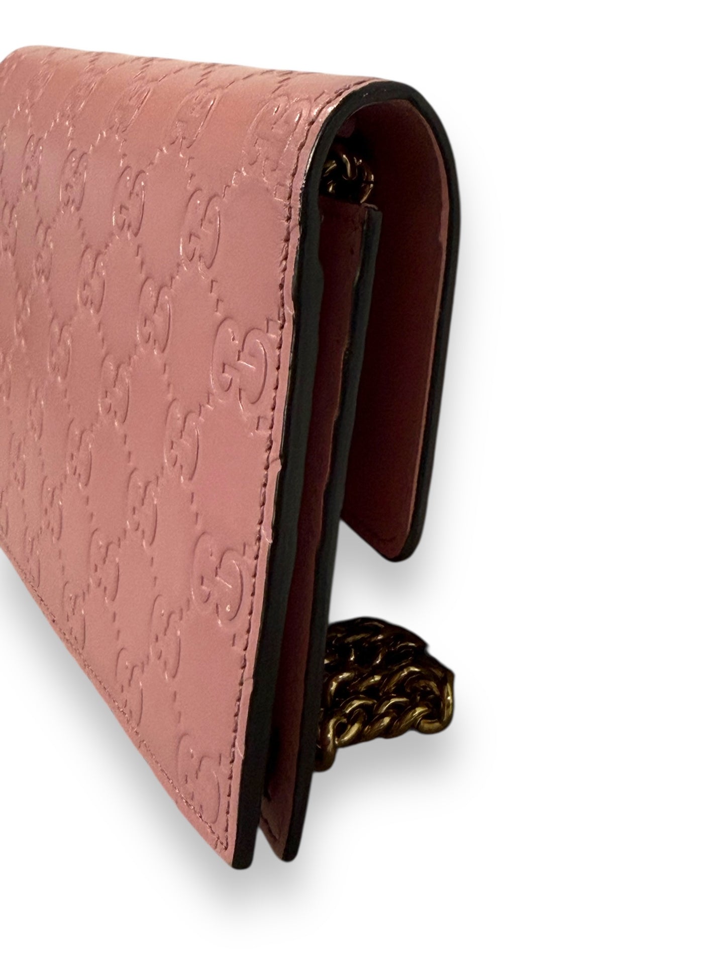 Gucci Pink GG Sima Leather Interlock Wallet on Chain with Gold Hardware