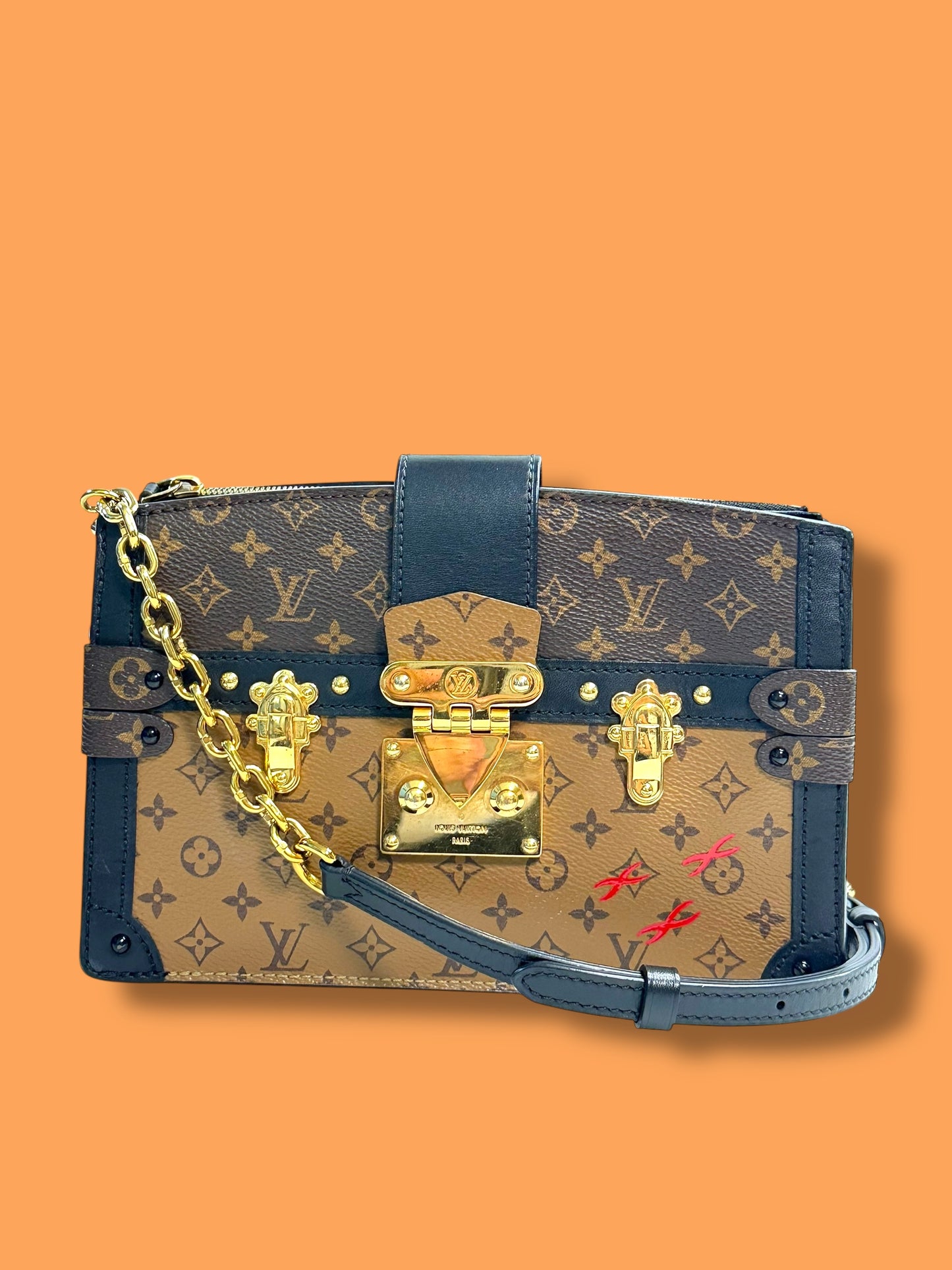 TBC213 LOUIS VUITTON Reverse Monogram Trunk Clutch Crossbody Chip/ FL0280