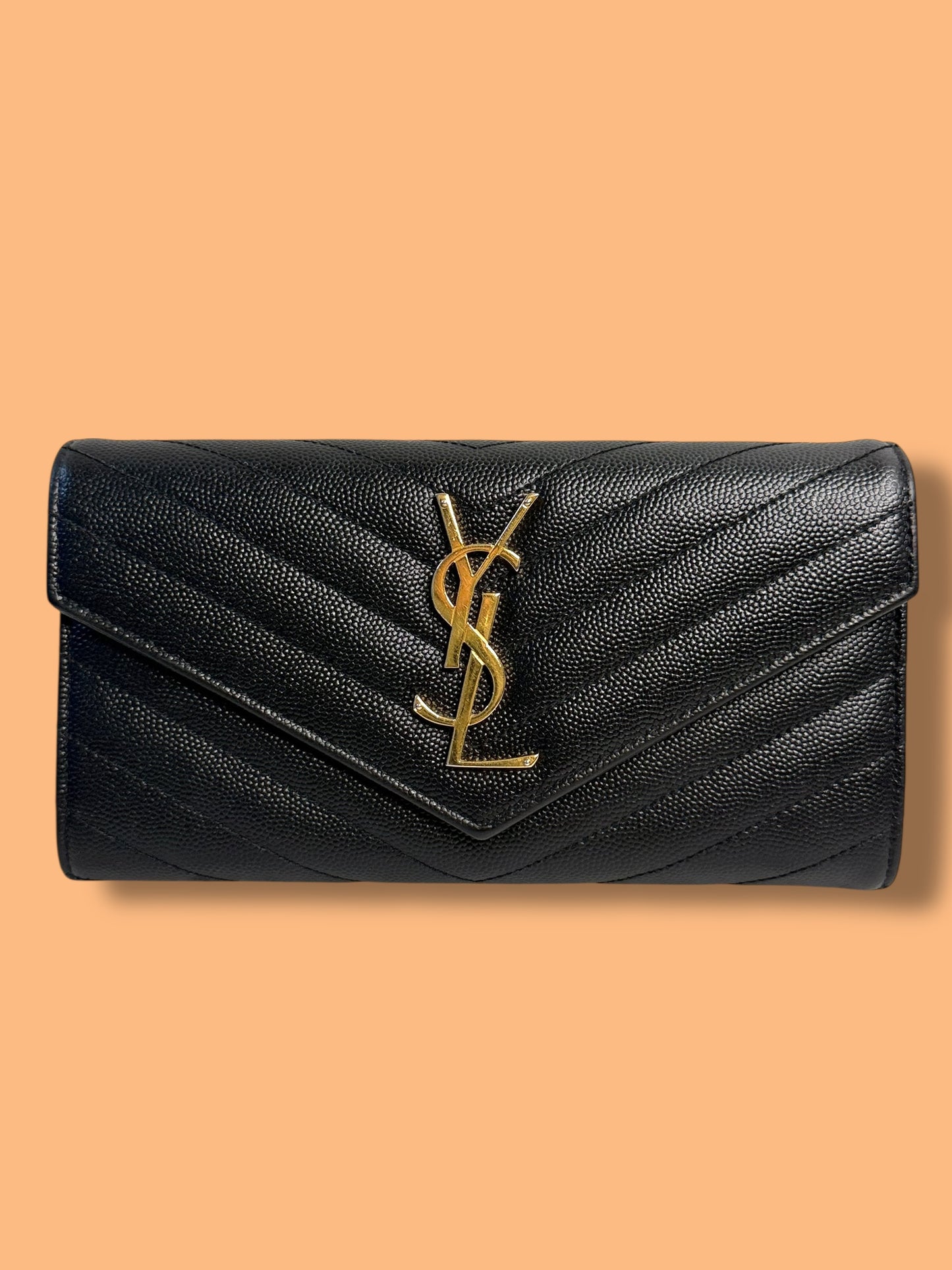 $950 retail W198 YSL Black Cassandre MATELASSÉ Large Flap Wallet IN GRAIN DE POUDRE LEATHER