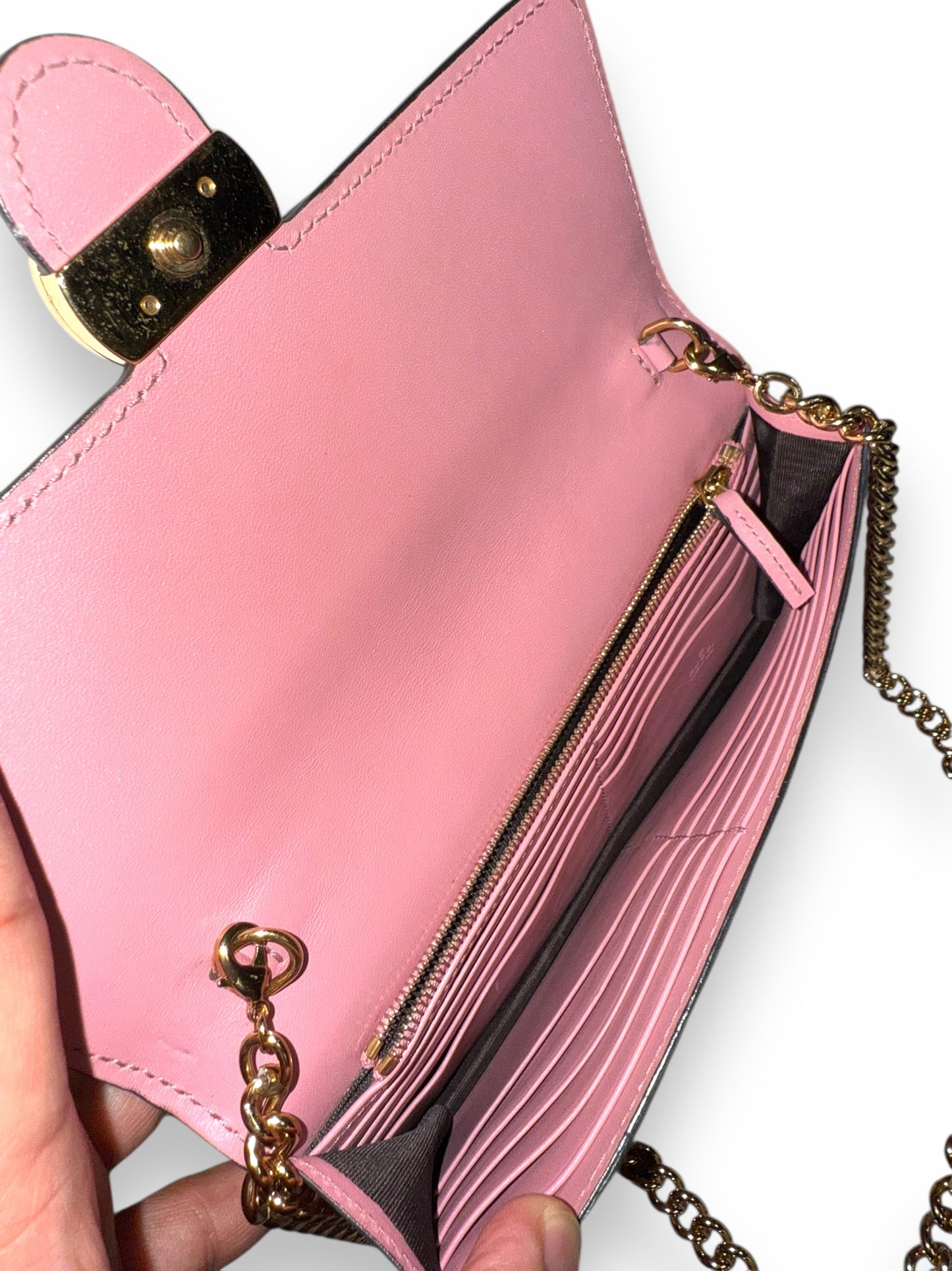 Gucci Pink GG Sima Leather Interlock Wallet on Chain with Gold Hardware