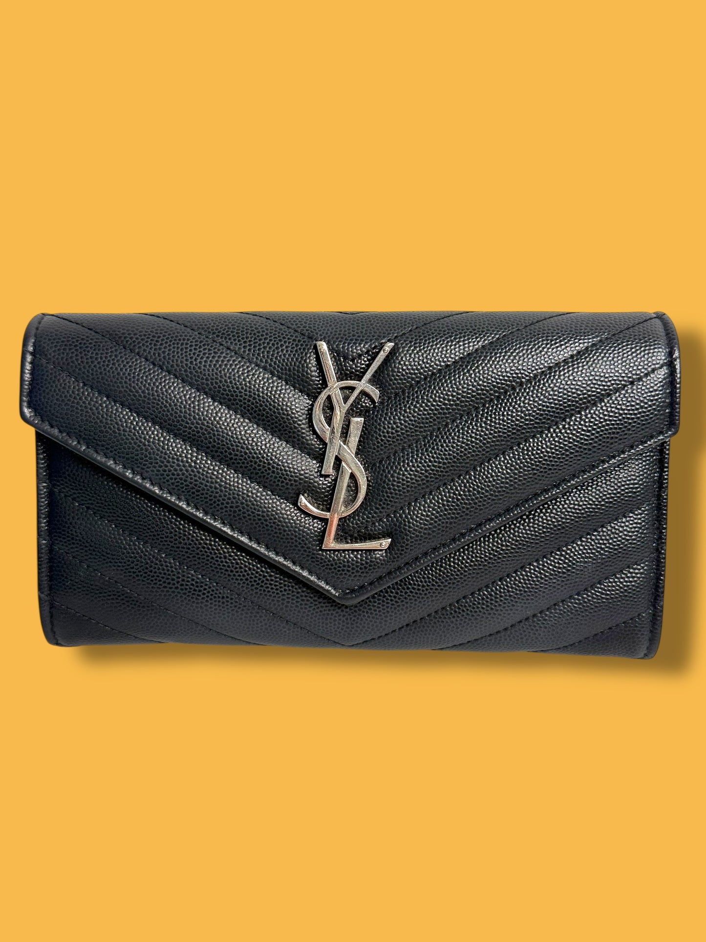 $950 retail W88 YSL Black Poudre Cassendre Large Flap Wallet Silver HW