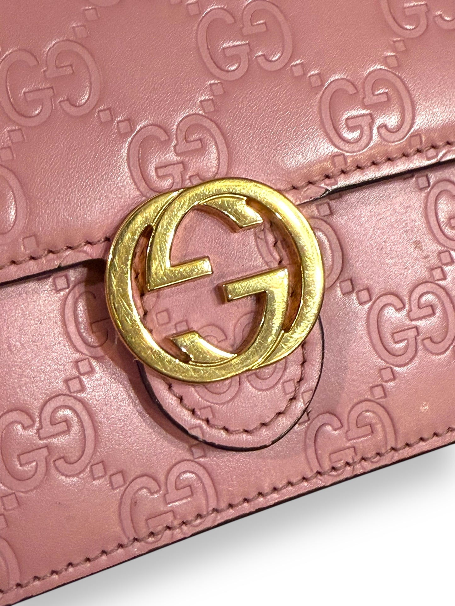 Gucci Pink GG Sima Leather Interlock Wallet on Chain with Gold Hardware