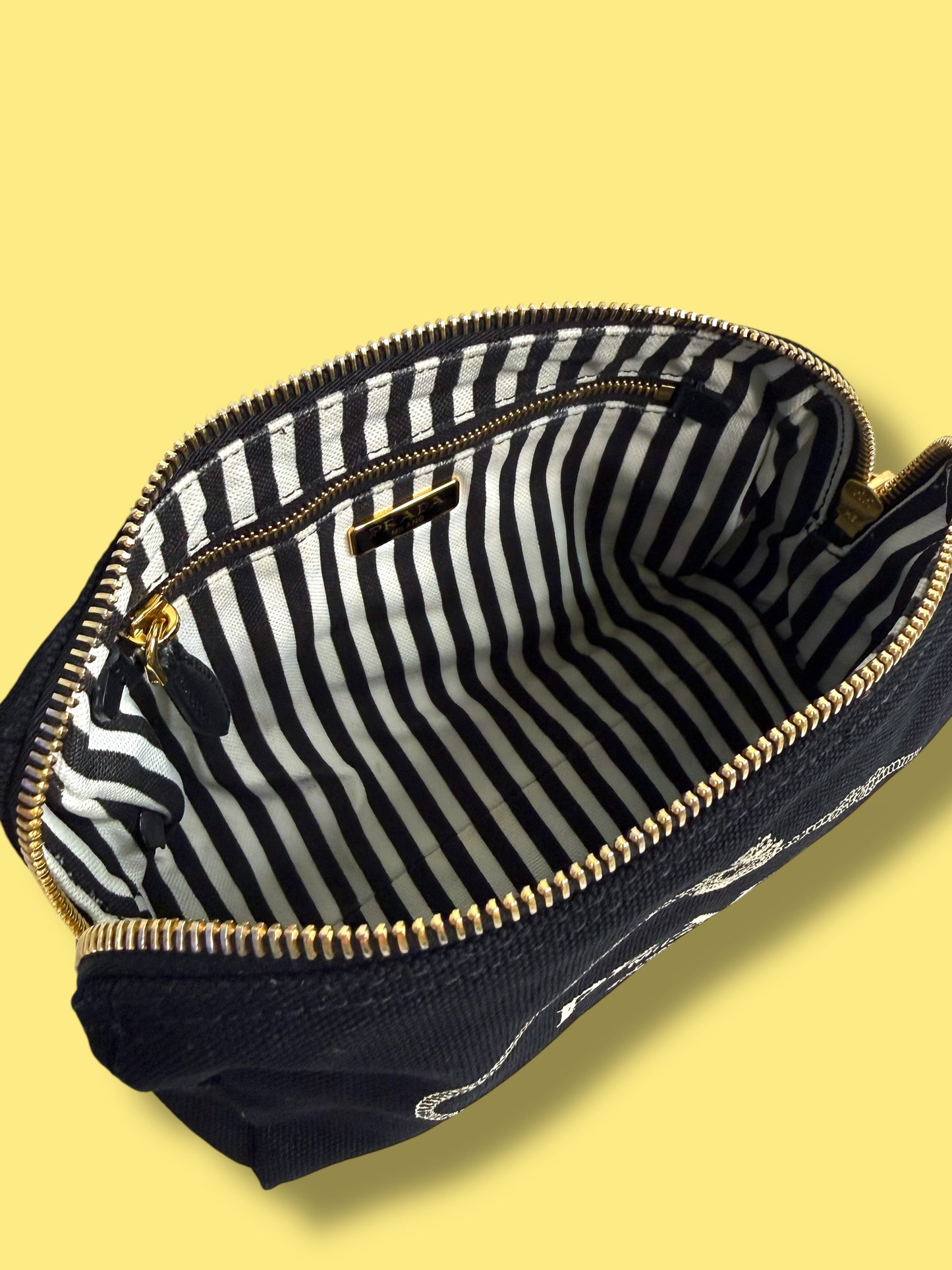 TBC171 PRADA Black Canapa Cosmetic Pouch Stripe Interior