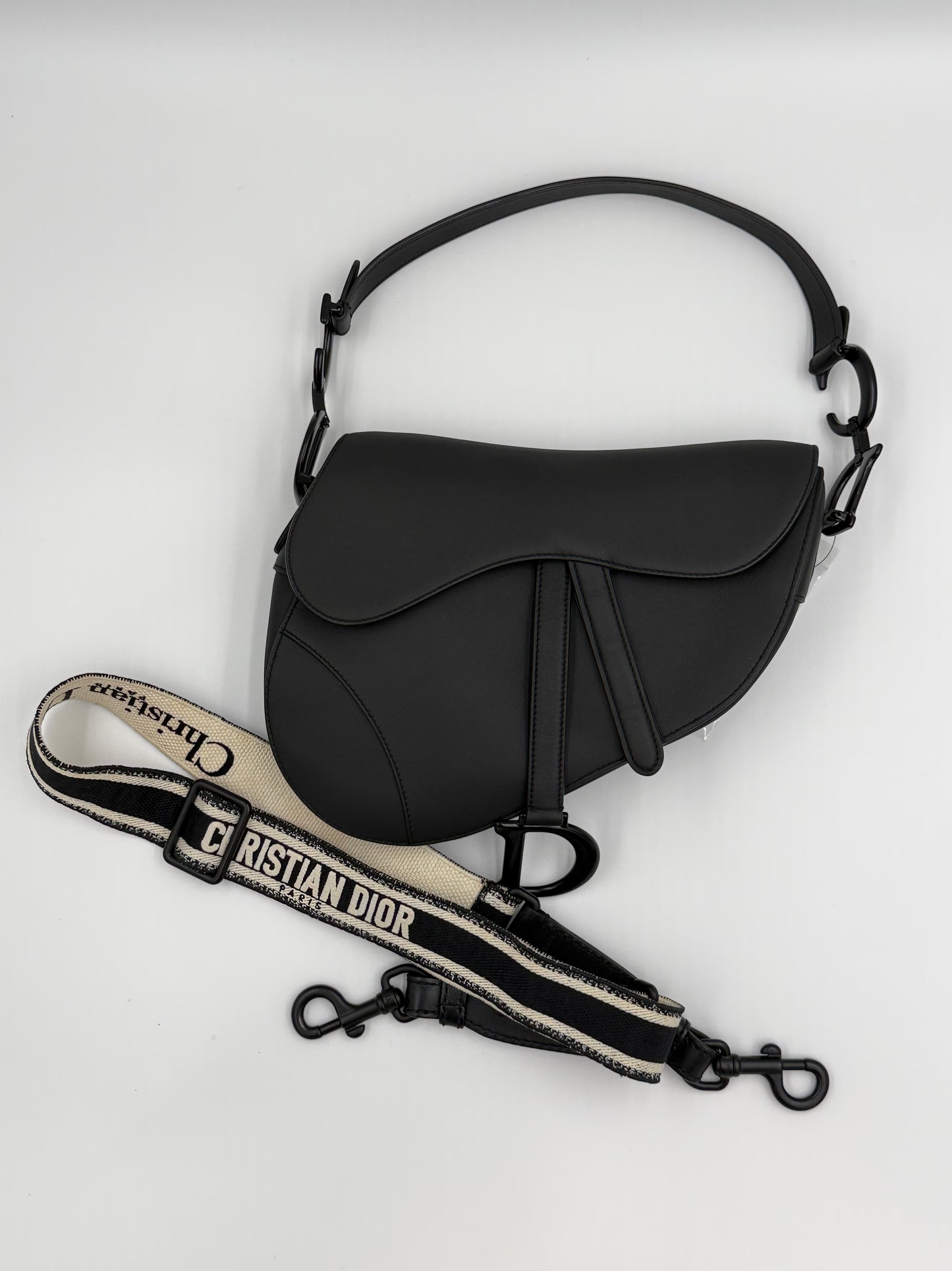 T307 DIOR Black Matte Leather RARE Saddle Bag c Strap