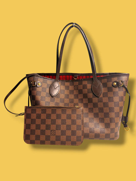 $2160 retail TBC147 LOUIS VUITTON Damier Ebene Neverfull PM with Pochette AR4129