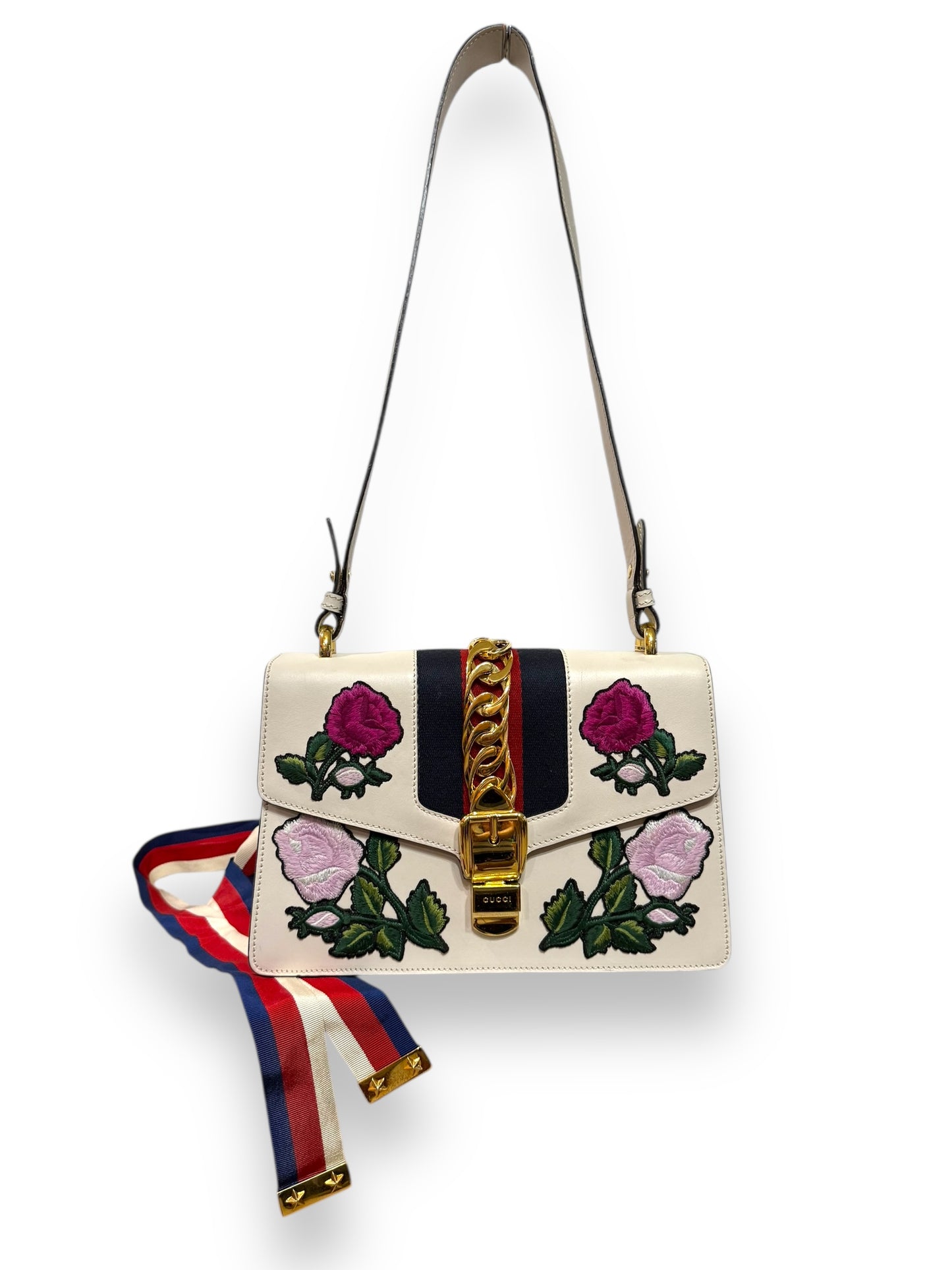 GUCCI White Sylvie Calfskin Embroidered Flower Shoulder Bag