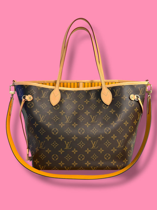 NEW MODEL TBC138 LOUIS VUITTON Monogram Jaune Safran Neverfull Bandouliere Inside Out MM Microchip with Strap