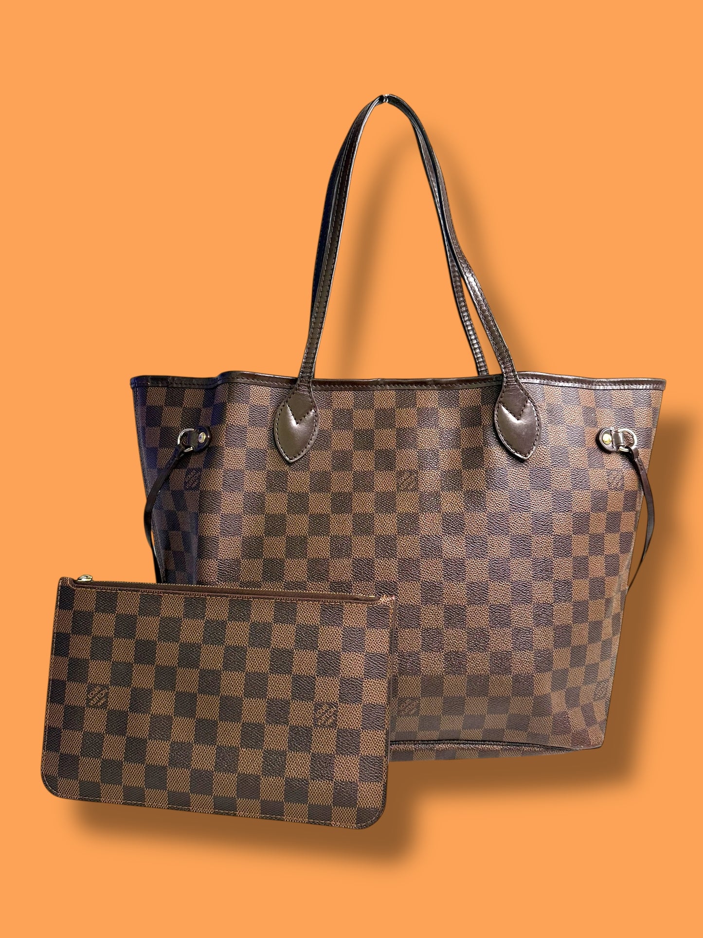 $2240 retail TBC157 LOUIS VUITTON Damier Ebene Neverfull MM c Pouch FL1125