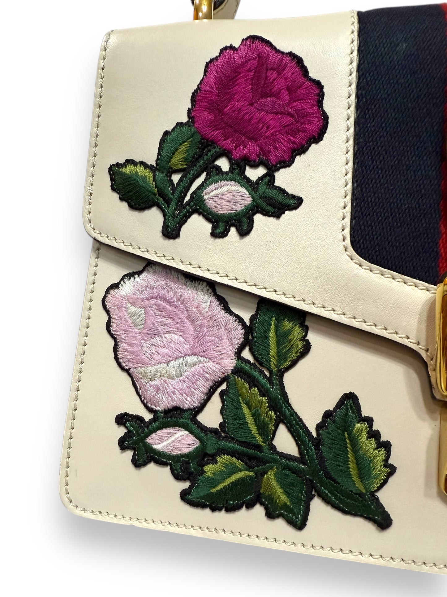 GUCCI White Sylvie Calfskin Embroidered Flower Shoulder Bag