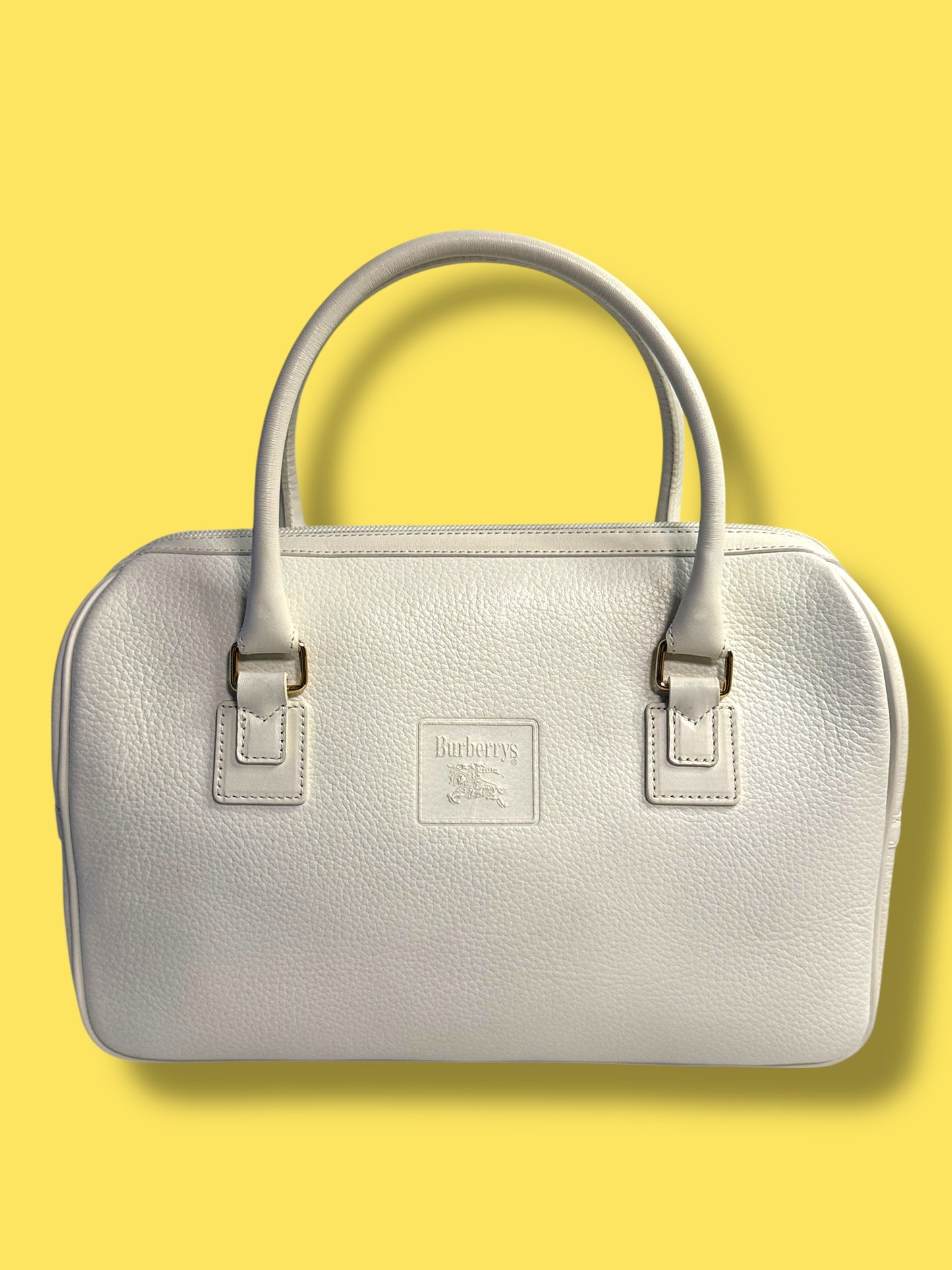 TBC114 BURBERRYs White Calfskin Leather Boston Bag Novacheck Interior
