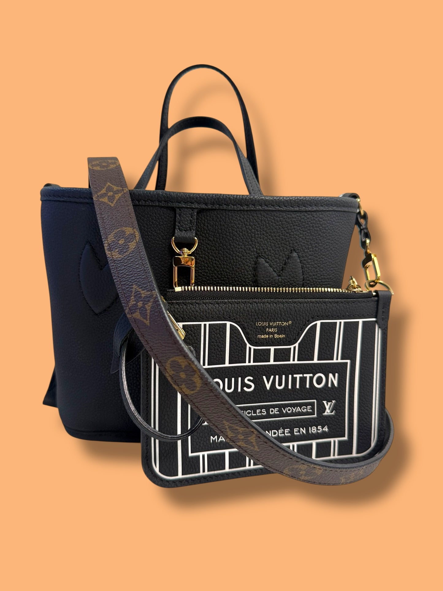 TBC206 LOUIS VUITTON Monogram Reversible Neverfull BB Bandoulier with Pouch Microchipped