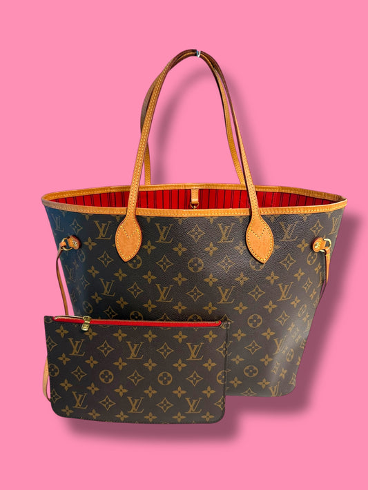 $2240 retail TBC139 LOUIS VUITTON Monogram Neverfull MM with Pouch Microchipped Red Interior