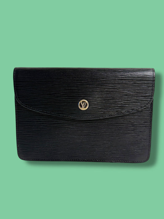 B55 LOUIS VUITTON 1987 Black Epi Leather Montaigne 20 Clutch 872 VI No Peelings