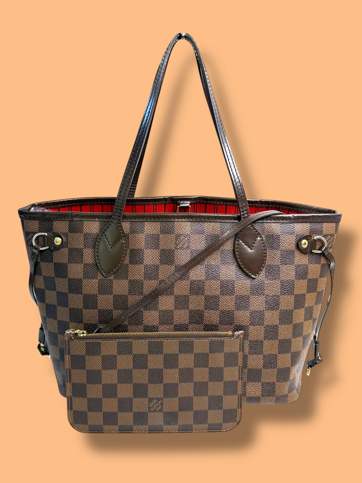 $2160 Retail TBC217 LOUIS VUITTON Damier Ebene Neverfull PM c Pouch AR0146