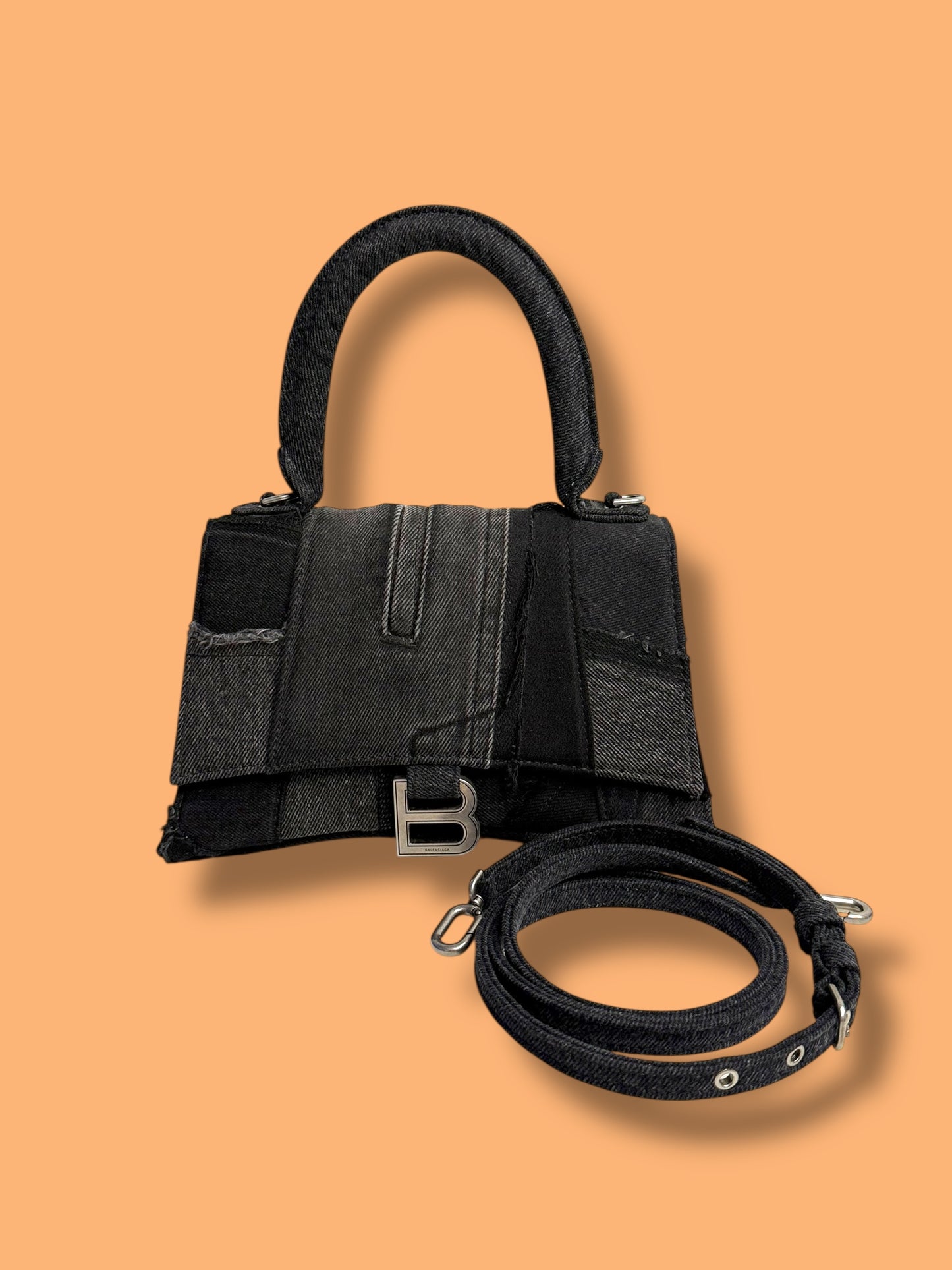 TBC198 BALENCIAGA Black Denim Patchwork Small Hourglass Top Handle with Strap