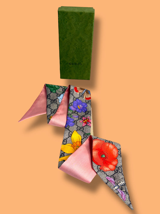 J447 GUCCI GG Blooms Silk Bandeau Scarf- Twilly with Box