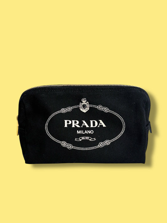 TBC171 PRADA Black Canapa Cosmetic Pouch Stripe Interior