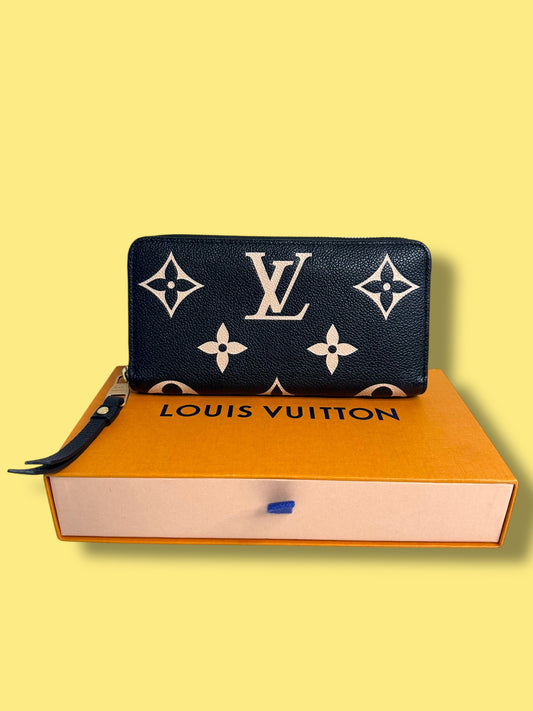 $1350 srp W95 LOUIS VUITTON Bicolor Noir Beige Empreinte Long Zippy Microchipped