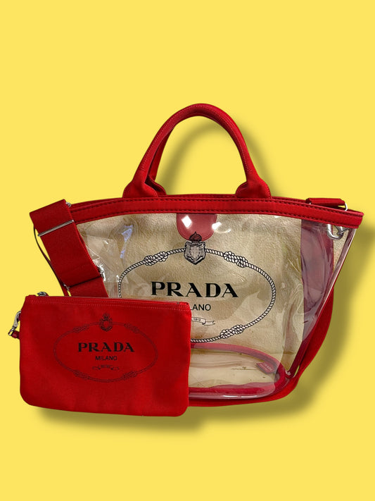 TBC125 PRADA Red Clear Vinyl Tote Bag with Pouch and Guitar Strap
